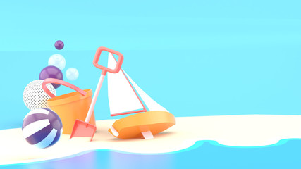 Beach toys on a blue background.-3d rendering..