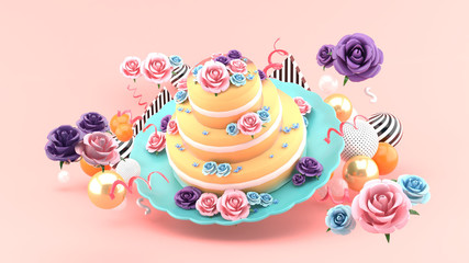 The wedding cake is surrounded by flowers on a pink background.-3d rendering..
