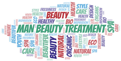 Man Beauty Treatment word cloud collage made with text only.