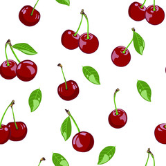 vector illustration, cherry with leaves, seamless pattern