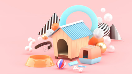 The dog house is surrounded by a dog food bowl, ball, bones and collar, surrounded by colorful balls on a pink background.-3d rendering..