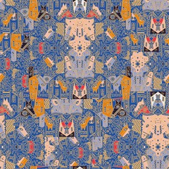 Modern bright seamless traditional ornaments suitable for printing children s textiles, and boys, girls. Geometric abstract illustration of horses on the street with houses. square pattern