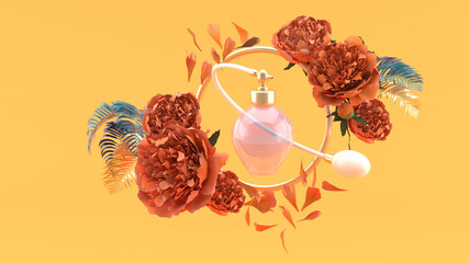 Perfume in a golden circle surrounded by flowers on a orange background.-3d rendering..