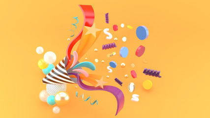 Party popper amidst the like buttons, coins, stars, ribbons among colorful balls on an orange background.-3d rendering..