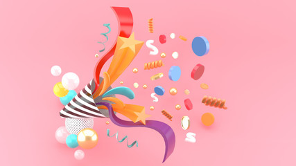 Party popper amidst the like buttons, coins, stars, ribbons among colorful balls on a pink background.-3d rendering.. - obrazy, fototapety, plakaty