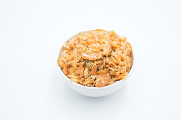 Dried shrimp shot in a white isolated background