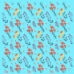 Seamless pattern with flowers and leaves blue background. Vector illustration