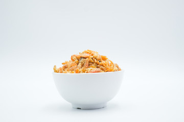 Dried shrimp shot in a white isolated background