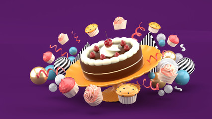 Chocolate cakes and strawberries surrounded by cupcakes and colorful balls on a purple background.-3d rendering..