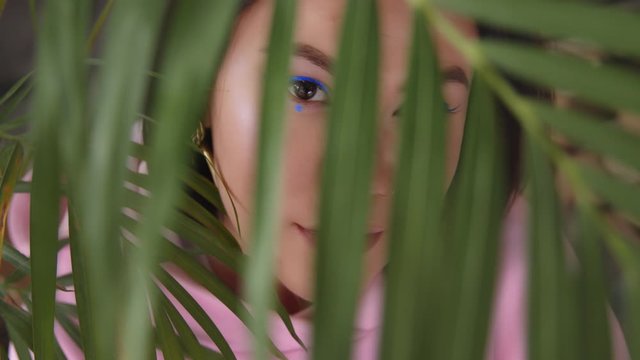 Portrait woman with beautiful make-up with colored arrows of her eyes looks through palm leaves in defocus. Gaze of girl through large green leaves.