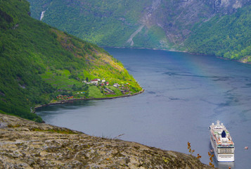 Breathtaking landscape and scenery in Geirangerfjord while cruising to Geiranger in Norway during...