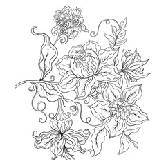 Fantasy flowers in retro, vintage, jacobean embroidery style. Coloring page for the adult coloring book. Outline vector illustration.