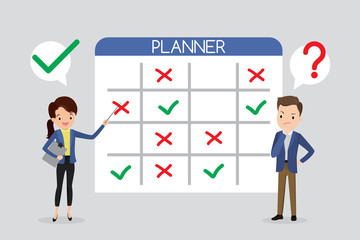 Business people - man and woman standing with big planner.Time management and deadline concept
