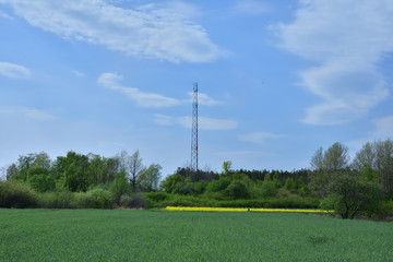 Metalowy maszt sieci komórkowej między drzewami na tle nieba z chmurami. © W Korczewski