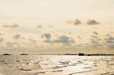 Sea with city landcape in the background,Environmental pollution. Ecological problem. Industrial factory in the background
