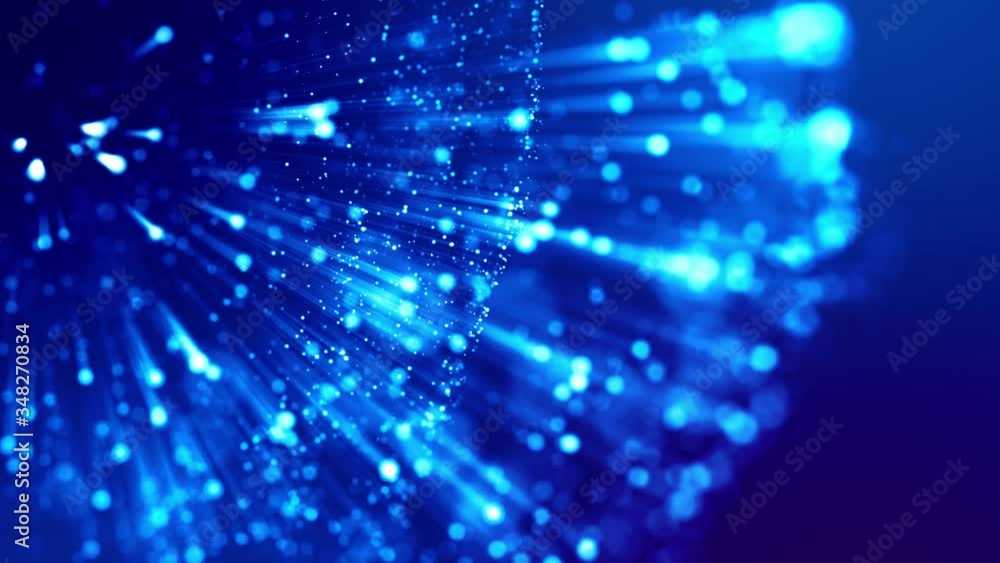 Poster blue shiny sparkling particles with light rays move in a viscous liquid. it is 4k 3d animation as mo