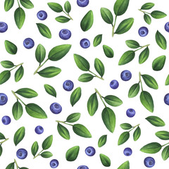 Seamless pattern of green leaves and blueberry. Isolated on white background. Hand drawn watercolor illustration for decorate fabric, curtain, wallpaper, website, invitation, label.