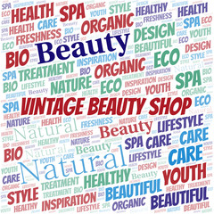 Vintage Beauty Shop word cloud collage made with text only.