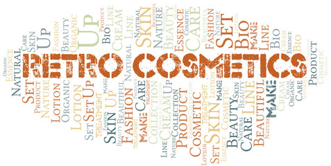 Obraz premium Retro Cosmetics word cloud collage made with text only.