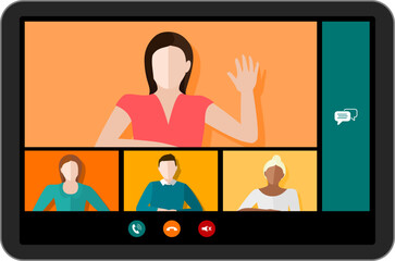 Tablet screen with a video conference call with multicultural people and different genders vector