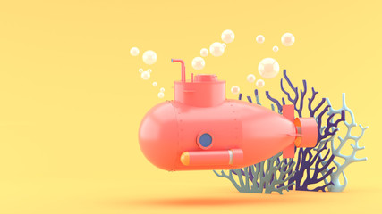 Submarines and corals surrounded by bubbles on an orange background.-3d rendering..
