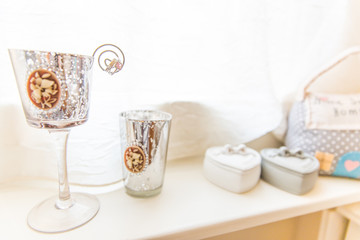 White Gold Wedding Rings Tied on Shabby Chic Vintage Cameo Decoration Cup