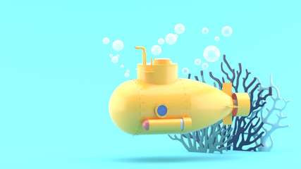 Submarines and corals surrounded by bubbles on a blue background.-3d rendering..