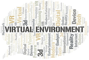 Virtual Environment word cloud collage made with text only.