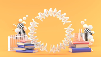 The DNA circle is surrounded by books and science experiments on an orange background.-3d rendering..