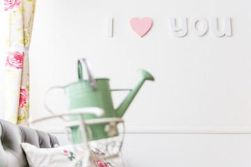 I Love You Heart Sign and Watering Can in Shabby Chic Vintage Interior Decoration