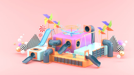 The playground on the base is surrounded by colorful balls on a pink background.-3d rendering..