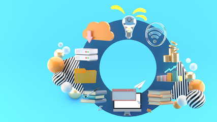 Computer, books, cloud system, folder, money, and wifi on a circle on a blue background.-3d rendering..