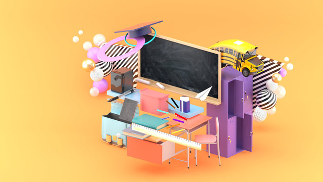 Blackboard, study desk, lockers, school bags and school supplies surrounded by colorful balls on an orange background.-3d rendering..