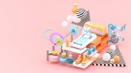 Obraz premium Treadmill, locker, dumbbell, running shoes And bicycles surrounded by colorful balls on a pink background.-3d rendering..
