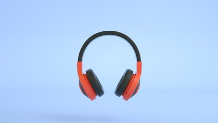 3d realistic red headphones isolated on blue background. Headset for music, gaming. Technology device for listening music, playing games. Dj, cybersport equipment mockup. Audio gadget. 3d rendering