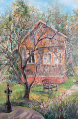 Country house in spring, sunny landscape, oil painting