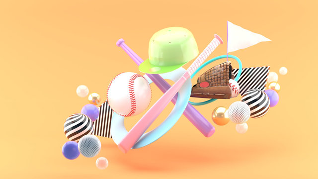 Baseball ball, baseball bat, baseball cap and baseball glove Surrounded by colorful balls on an orange background.-3d rendering..