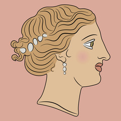 Isolated vector illustration. Beautiful female head in profile. Colorful portrait of antique lady. Goddess Venus or Aphrodite.  © Olena