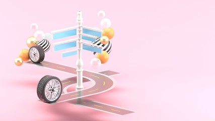 Direction signs surrounded by roads and wheels, surrounded by colorful balls on a pink background.-3d rendering.