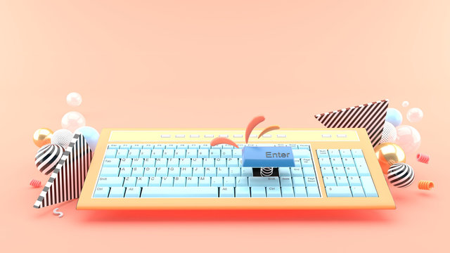 Enter the button out of the keyboard amid the colorful balls on the pink background.-3d rendering.