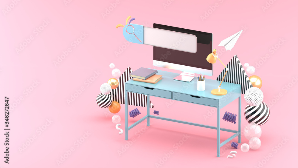 Fototapete Search button on the computer screen on the working table Among the colorful balls on the pink background.-3d rendering..