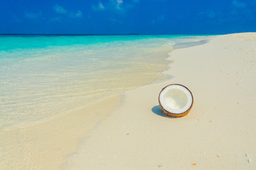 Fototapeta na wymiar Tropical Sunny beach with coconut on white sand
