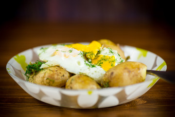 boiled early potatoes with fried egg and dill