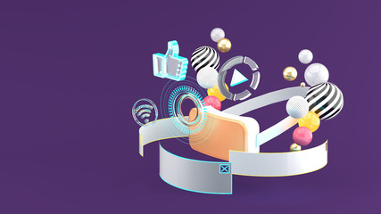 VR is surrounded by browsers, Wi-Fi icons, play icons on a purple background.-3d rendering.