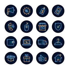 megaphone and shopping online icon set, neon style