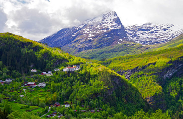 Breathtaking landscape and scenery in Geirangerfjord while cruising to Geiranger in Norway during...