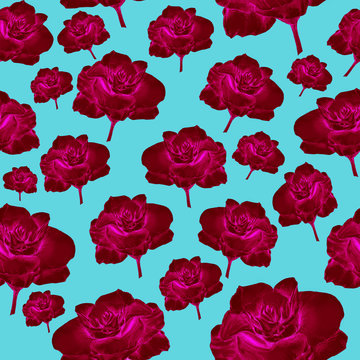 Pink roses on the blue background. Hand drawn illustration. Seamless pattern.