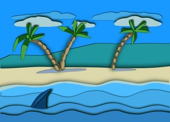 Sea view in summer withshark. view of the blue sea paper cut and craft style. illustration.