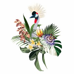 Elegant floral and zoo composition. A print for a T-shirt. Tropical flowers and exotic bird. Printable illustration.