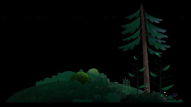 Seamless loop. Pine tree, bushes, flowers and grass on a hill swing in the wind. Green sunny day. Animated vector illustration with brushes isolated on black background with alpha luma matte.